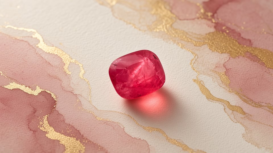 Mahenge-type red spinel with watercolor editorial washes