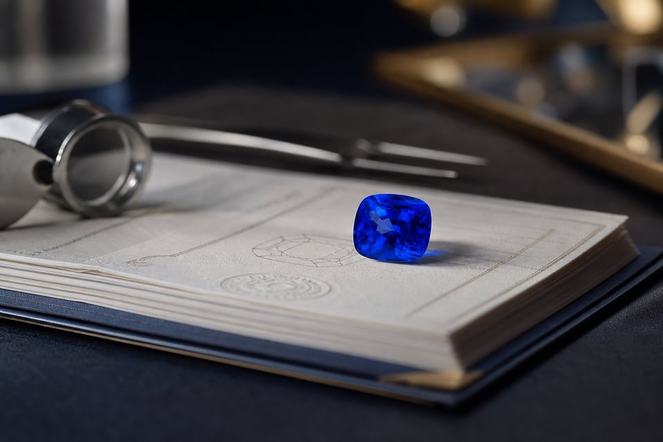 Royal blue cushion sapphire on gemological laboratory certificates