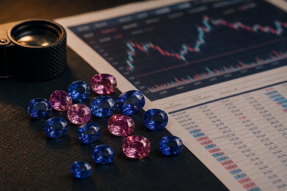 Faceted blue and pink sapphires beside gemstone price charts and market data printouts