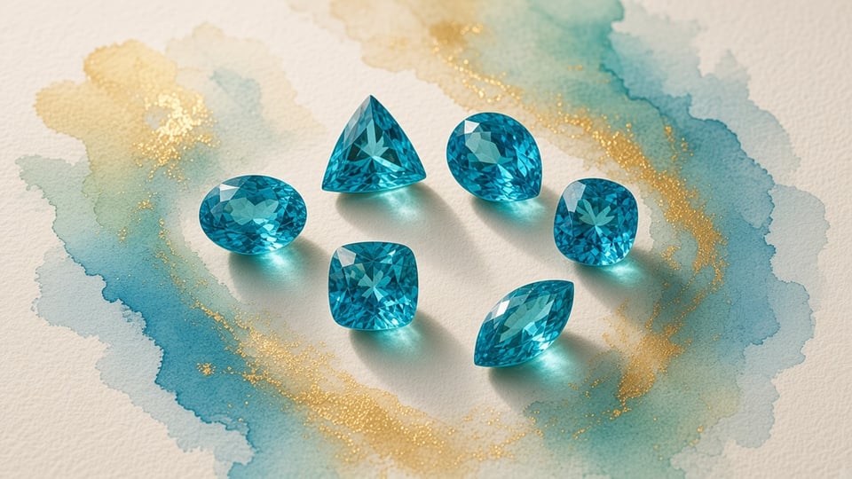 Five Brazilian Paraíba tourmalines in copper-bearing neon blue-green, editorial still