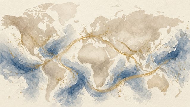 Watercolor world map with trade-route washes, Gem Shop Market desk